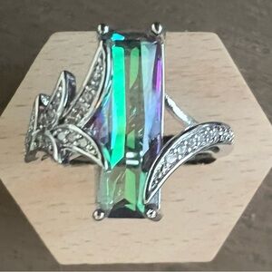 Purple and Green Mystic Rainbow Emerald Cut Topaz Silver Ring Size 7.5